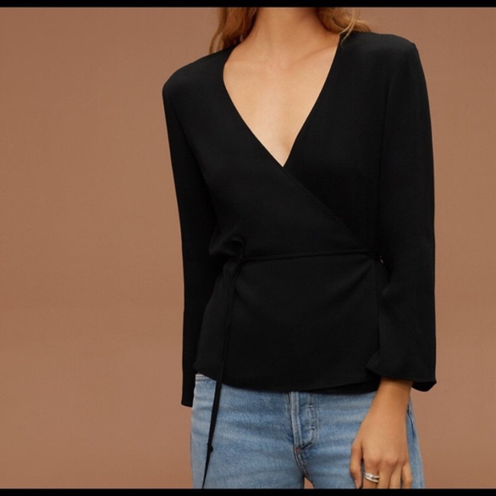 Aritzia black quarter sleeve wrap blouse